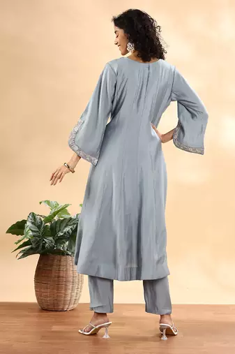  dusty blue silk embroidered angrakha kurta pant set with organza dupatta set