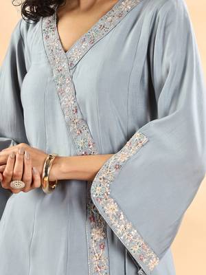  dusty blue silk embroidered angrakha kurta pant set with organza dupatta set 4
