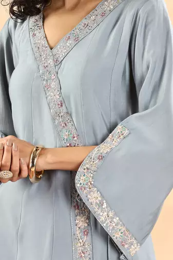  dusty blue silk embroidered angrakha kurta pant set with organza dupatta set