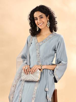  dusty blue silk embroidered angrakha kurta pant set with organza dupatta set 5