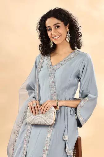  dusty blue silk embroidered angrakha kurta pant set with organza dupatta set