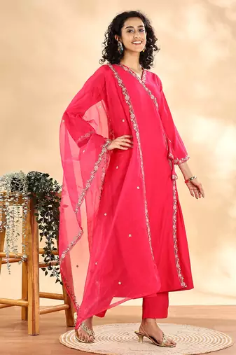  pink silk embroidered angrakha kurta pant set with organza dupatta set
