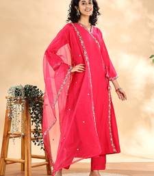  pink silk embroidered angrakha kurta pant set with organza dupatta set