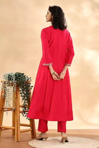  pink silk embroidered angrakha kurta pant set with organza dupatta set