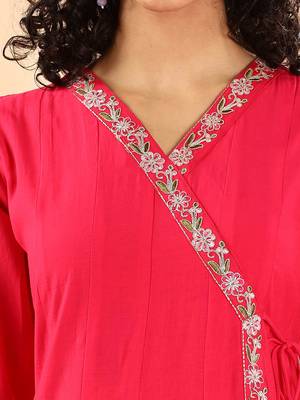  pink silk embroidered angrakha kurta pant set with organza dupatta set 4