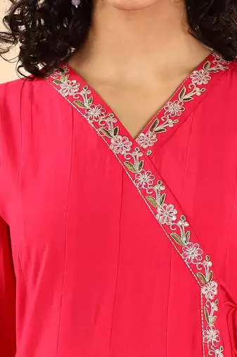  pink silk embroidered angrakha kurta pant set with organza dupatta set