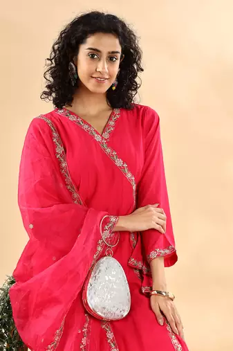  pink silk embroidered angrakha kurta pant set with organza dupatta set