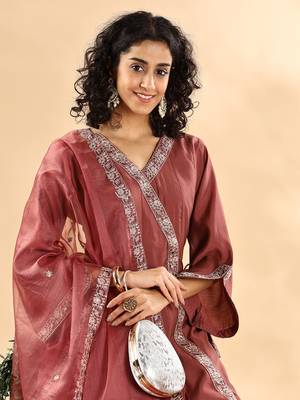  mauve silk embroidered angrakha kurta pant set with organza dupatta set 5