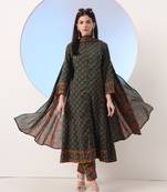  green floral a-line sequins work kurta and trouser with dupatta set