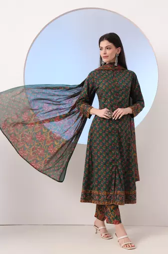  green floral a-line sequins work kurta and trouser with dupatta set