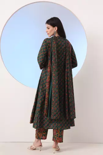  green floral a-line sequins work kurta and trouser with dupatta set