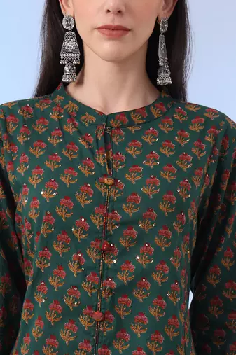  green floral a-line sequins work kurta and trouser with dupatta set