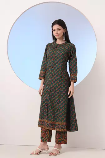  green floral a-line sequins work kurta and trouser with dupatta set