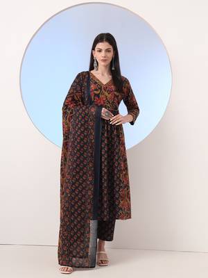  navy blue floral a-line sequins work kurta and trouser with dupatta set 1