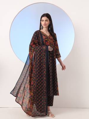  navy blue floral a-line sequins work kurta and trouser with dupatta set 2