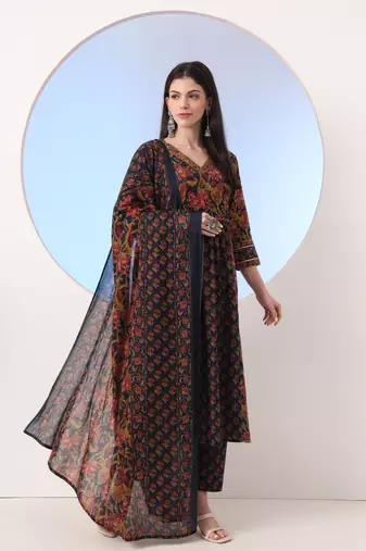  navy blue floral a-line sequins work kurta and trouser with dupatta set