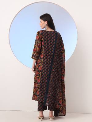  navy blue floral a-line sequins work kurta and trouser with dupatta set 3
