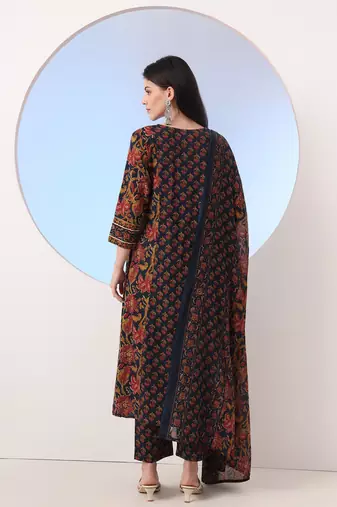  navy blue floral a-line sequins work kurta and trouser with dupatta set