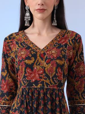  navy blue floral a-line sequins work kurta and trouser with dupatta set 4