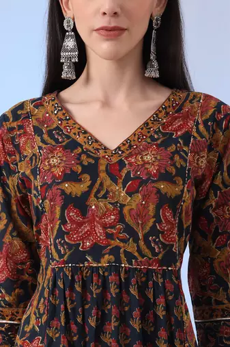  navy blue floral a-line sequins work kurta and trouser with dupatta set