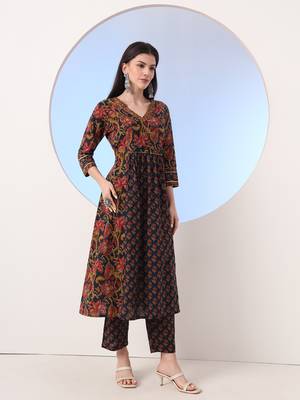  navy blue floral a-line sequins work kurta and trouser with dupatta set 5