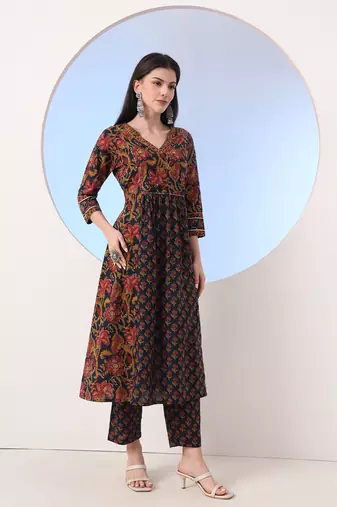  navy blue floral a-line sequins work kurta and trouser with dupatta set
