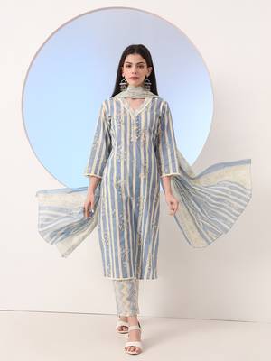  blue and cream striped straight thread work kurta and trouser with dupatta set 1