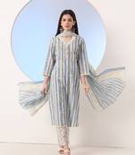  blue and cream striped straight thread work kurta and trouser with dupatta set