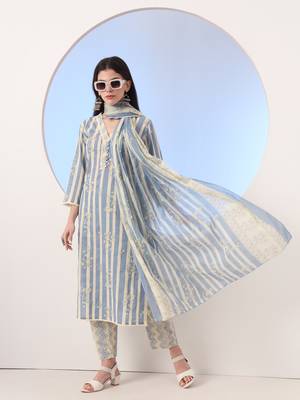  blue and cream striped straight thread work kurta and trouser with dupatta set 2