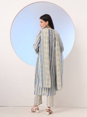  blue and cream striped straight thread work kurta and trouser with dupatta set 3