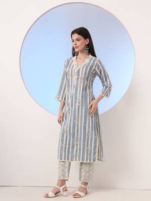  blue and cream striped straight thread work kurta and trouser with dupatta set 5