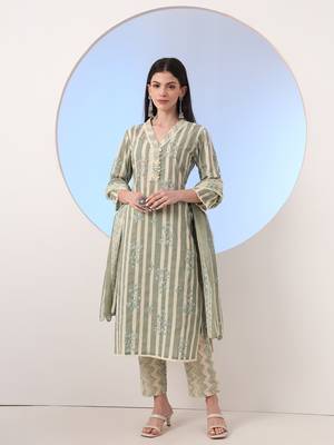 green and cream striped straight thread work kurta and trouser with dupatta set 1