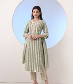 green and cream striped straight thread work kurta and trouser with dupatta set