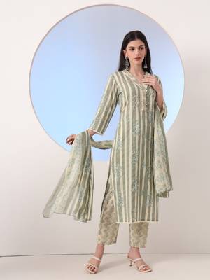  green and cream striped straight thread work kurta and trouser with dupatta set 2