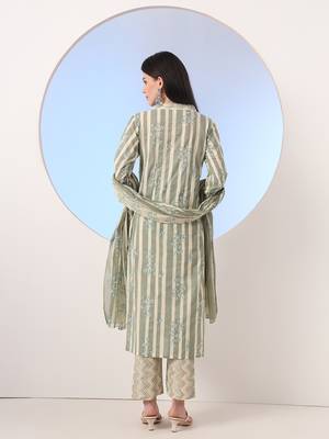  green and cream striped straight thread work kurta and trouser with dupatta set 3