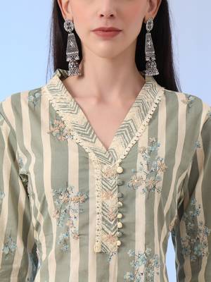  green and cream striped straight thread work kurta and trouser with dupatta set 4