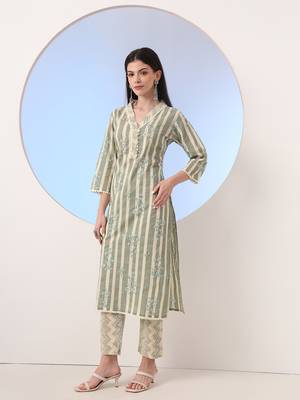  green and cream striped straight thread work kurta and trouser with dupatta set 5