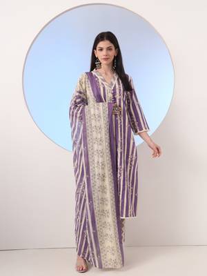  purple and cream striped straight thread work kurta and trouser with dupatta set 1