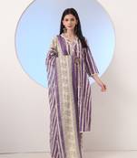  purple and cream striped straight thread work kurta and trouser with dupatta set