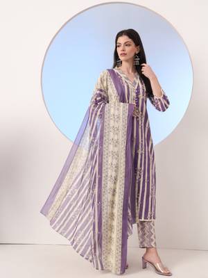  purple and cream striped straight thread work kurta and trouser with dupatta set 2