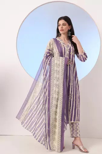  purple and cream striped straight thread work kurta and trouser with dupatta set