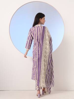  purple and cream striped straight thread work kurta and trouser with dupatta set 3