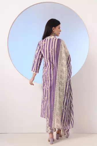  purple and cream striped straight thread work kurta and trouser with dupatta set