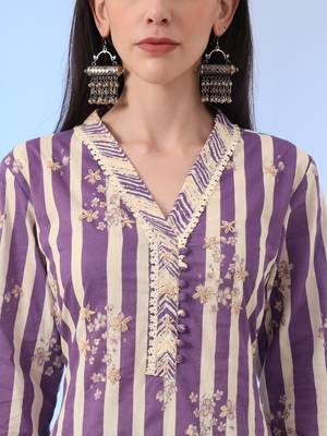 purple and cream striped straight thread work kurta and trouser with dupatta set 4