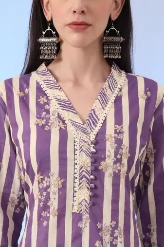  purple and cream striped straight thread work kurta and trouser with dupatta set