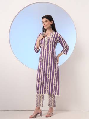  purple and cream striped straight thread work kurta and trouser with dupatta set 5