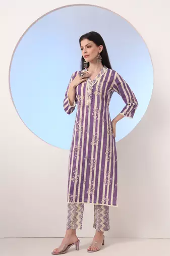  purple and cream striped straight thread work kurta and trouser with dupatta set