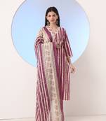  burgundy and cream striped straight thread work kurta and trouser with dupatta set