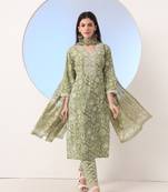  green floral print straight zari work kurta and trouser with dupatta set