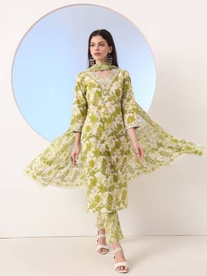  green floral print straight thread work kurta and trouser with dupatta set 1
